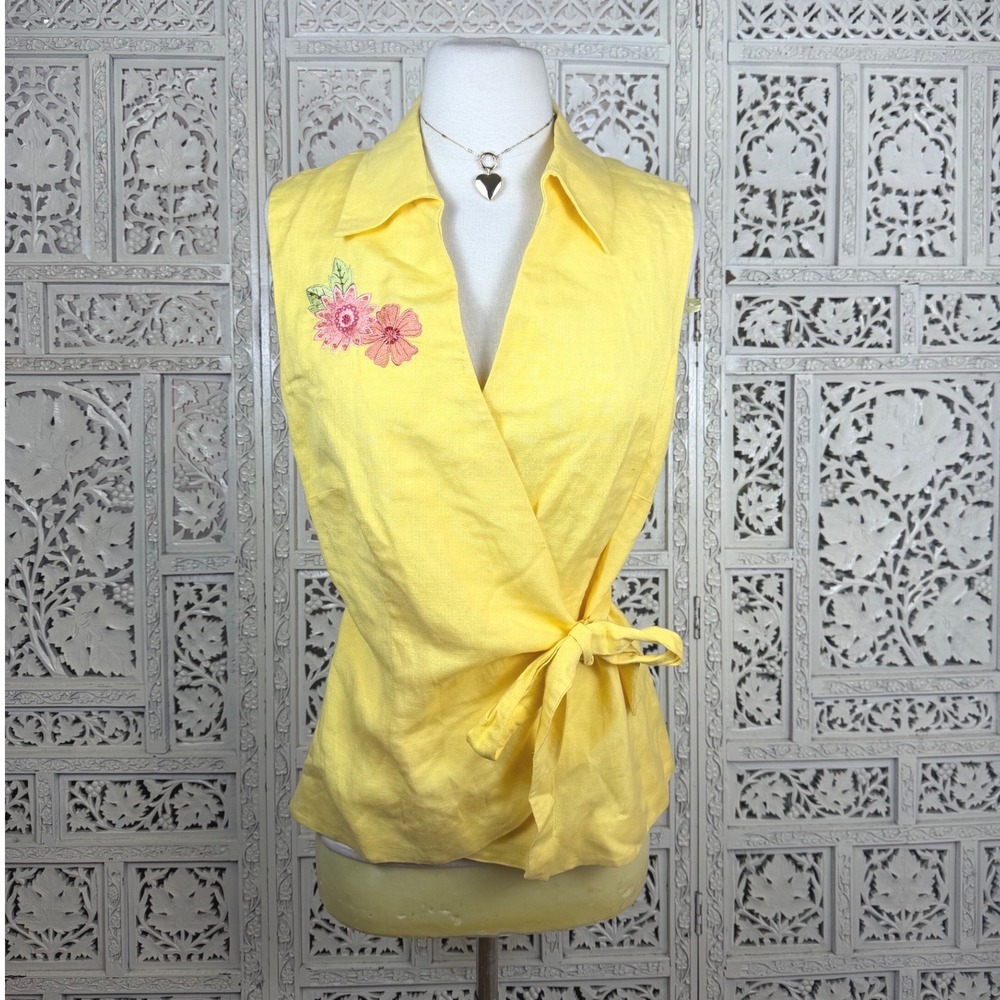 Dressbarn Yellow Floral‎ Linen Blend Wrap Top Sz Large Sleeveless 90's Beachy